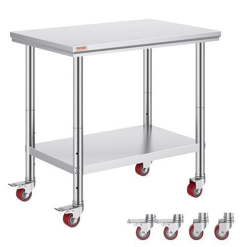 VEVOR Edelstahl Arbeitstisch Küche – 90x60x85cm mit Rollen. Rechteckiger, silberner Edelstahltisch zur Nutzung in Küchen und Gastronomie.