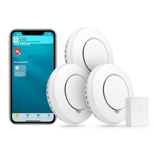 Meross WLAN Rauchmelder HomeKit - Vernetztes 3er Set. Drei weiße, runde Rauchmelder zur vernetzten Brandfrüherkennung und Alarmauslösung.