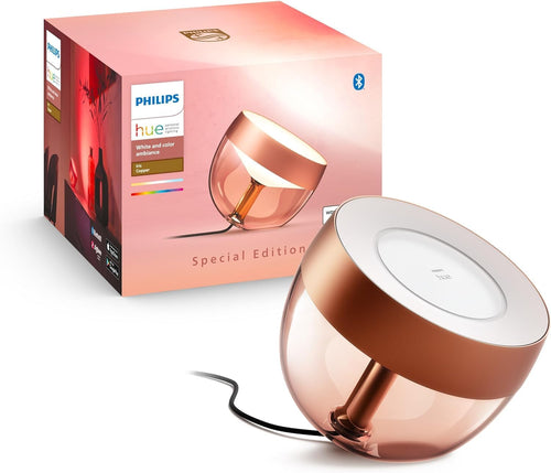 Philips Hue White & Color Ambiance Iris Tischleuchte SE Kupfer. Runde, kupferfarbene Leuchte. Smart steuerbares, farbiges und weißes Licht für Ambiente.
