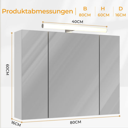 DICTAC Spiegelschrank Bad – 80x60cm Beleuchtung, Steckdose, 3 Türen