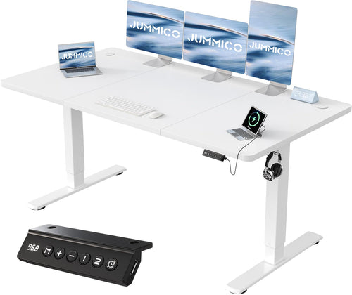 JUMMICO Steh-Sitz Schreibtisch Elektrisch - 160x70cm Weiss USB. Rechteckige, weisse Tischplatte, elektrisch höhenverstellbar mit USB. Ergonomisches Arbeiten sitzend/stehend.