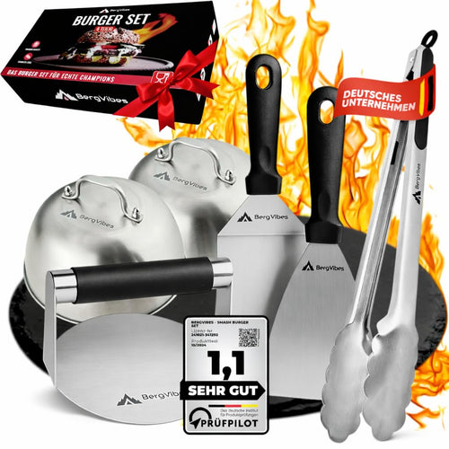 BergVibes Smash Burger Set aus Edelstahl, 6-teilig mit Burgerglocken, Burgerpresse, Pattywender und Grillzange