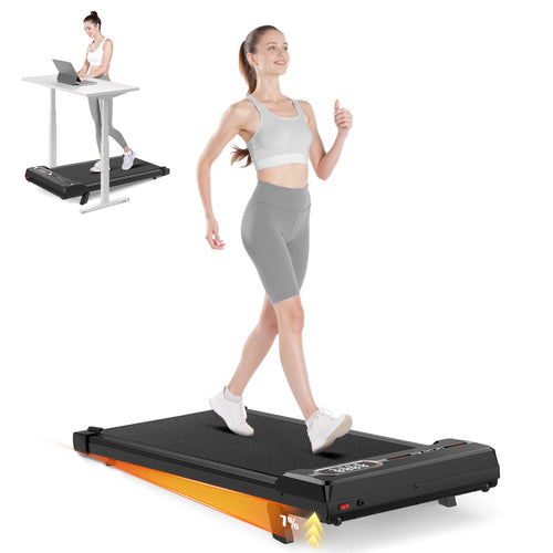 HomeFitnessCode Walking Pad Untertisch Laufband Neigung. Schlankes schwarz-weißes Laufband für Fitness beim Arbeiten, mit verstellbarer Neigung.