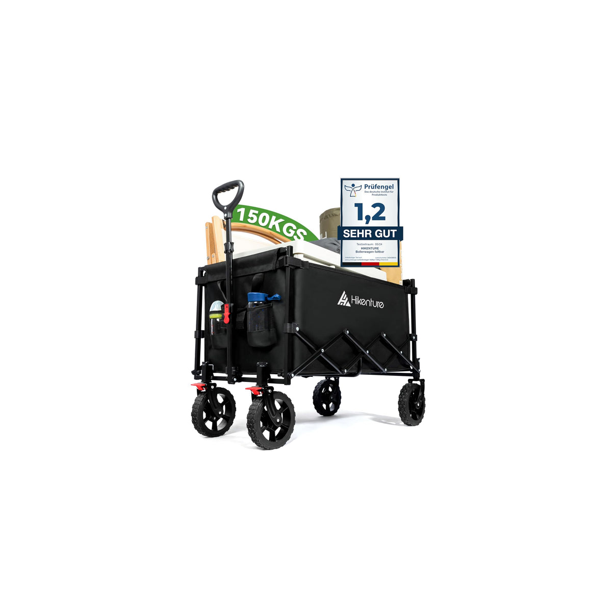 HIKENTURE Bollerwagen faltbar mit Bremse, 140 L, 150 kg belastbar – Handwagen mit Stahlrahmen und Geländereifen