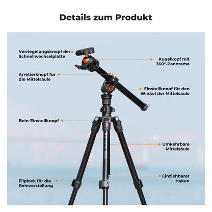K&F CONCEPT O234A1 Kamerastativ mit Auslegearm Aluminium 163cm