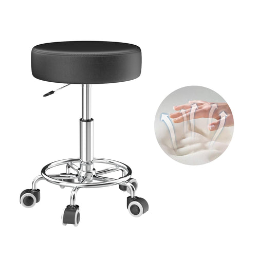 OUTMASTER Rollhocker höhenverstellbar mit Fussstütze, schwarz, Sitzfläche aus PU-Leder, Aluminiumgestell mit Rollen