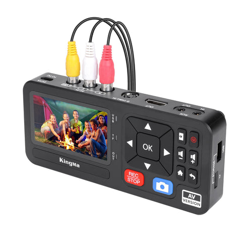King Ma 3 Zoll Video Grabber Digitalisierer - 1080P VHS. Schwarzes, rechteckiges Gerät. Digitalisiert analoge Videos von VHS-Kassetten zu 1080P Dateien.