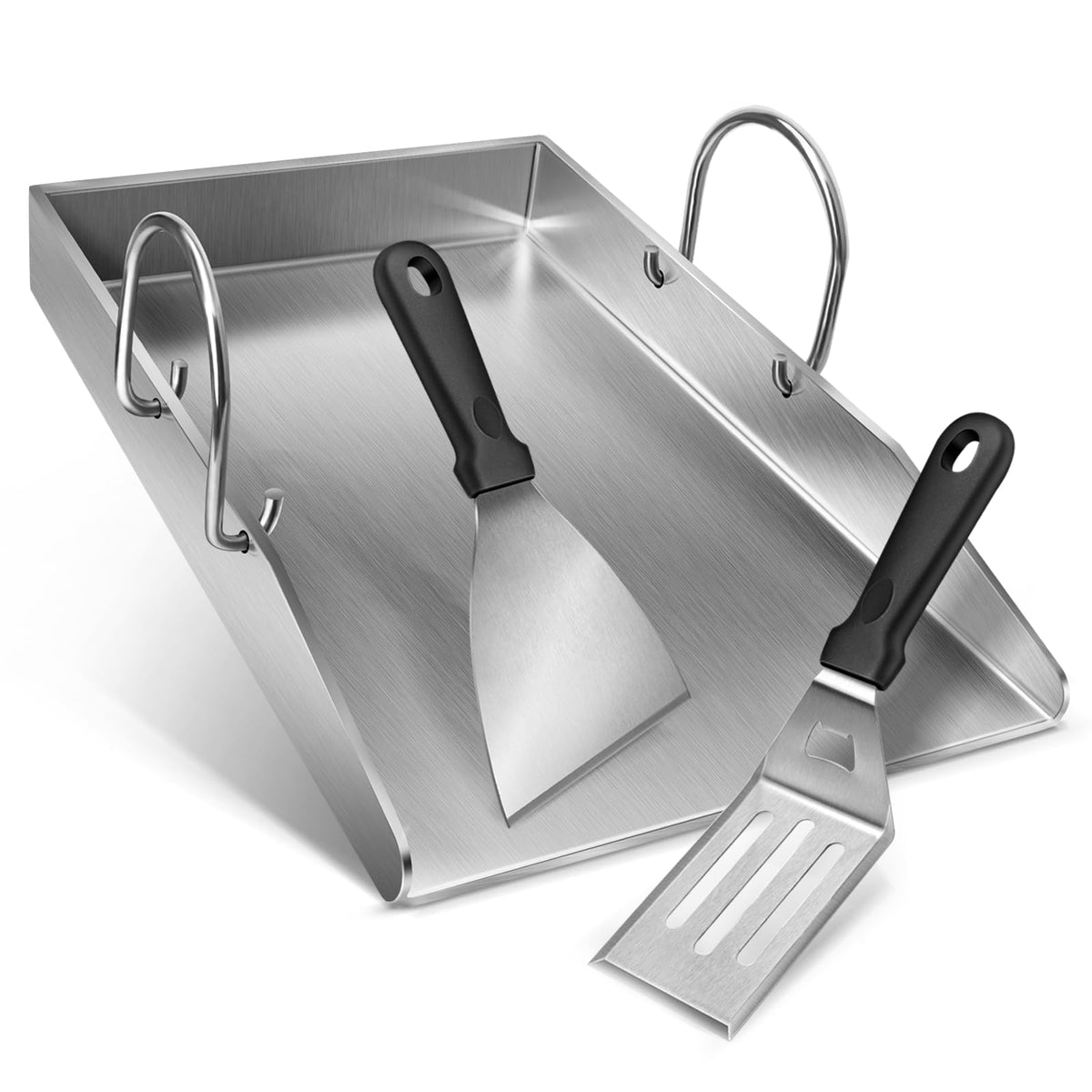 Edelstahl Grillplatte Plancha Set – 40x30 cm mit 2 Spachteln. Rechteckige Edelstahlplatte und zwei Spachtel zum Braten auf dem Grill.