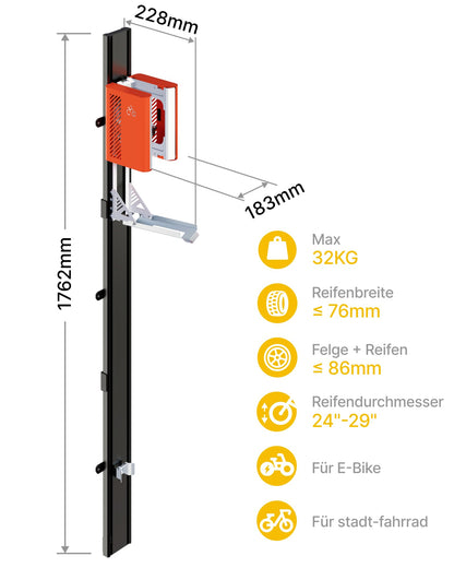 monTEK Vertikaler Fahrradlift – Wandhalterung bis 32 kg für E-Bikes