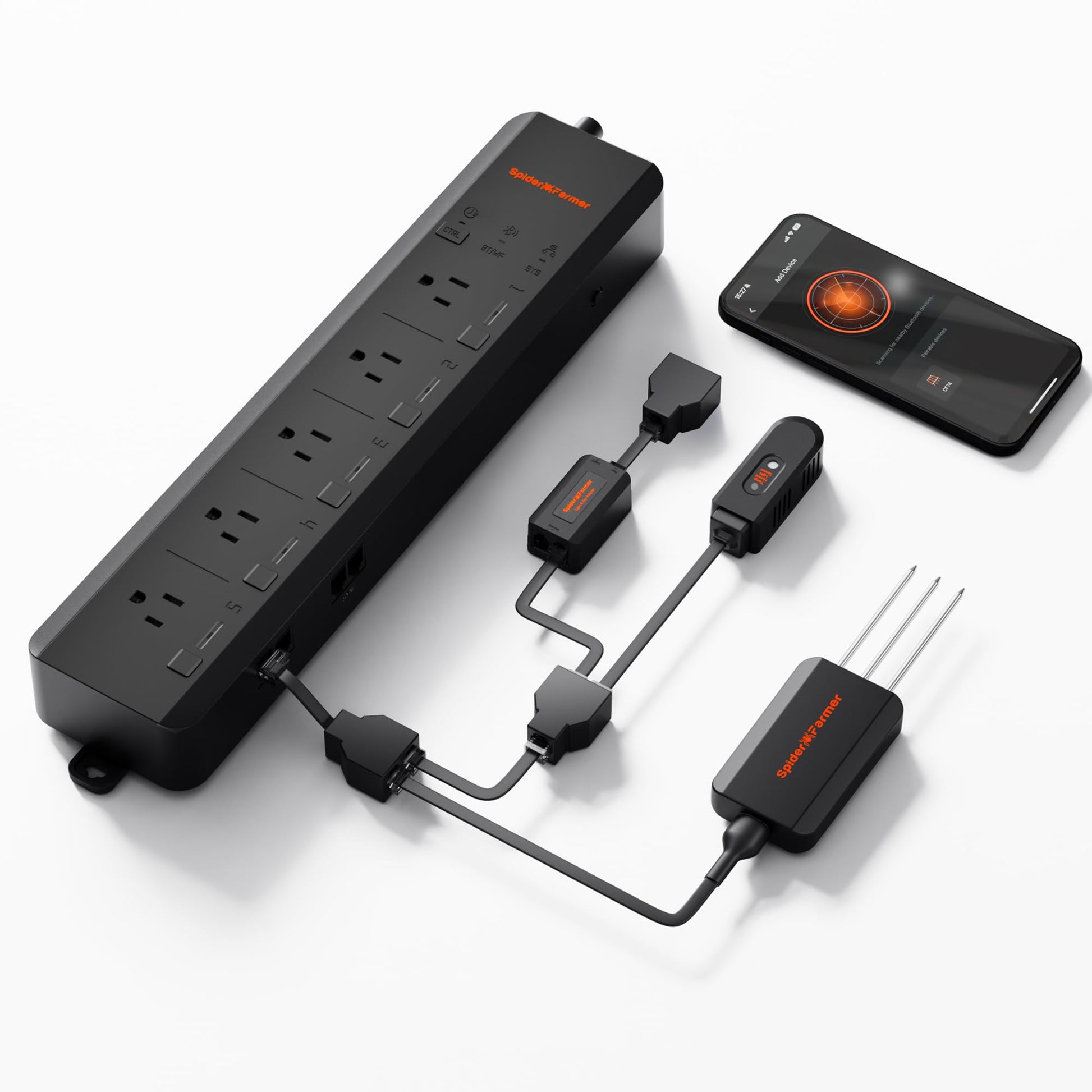 Spider Farmer GGS AC5 Smart 5-fach Steckdosenleiste mit Sensoren. Schwarz, zur smarten Stromversorgung und Sensordaten-Erfassung.