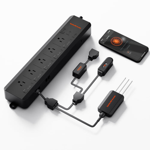 Spider Farmer GGS AC5 Smart 5-fach Steckdosenleiste mit Sensoren. Schwarz, zur smarten Stromversorgung und Sensordaten-Erfassung.