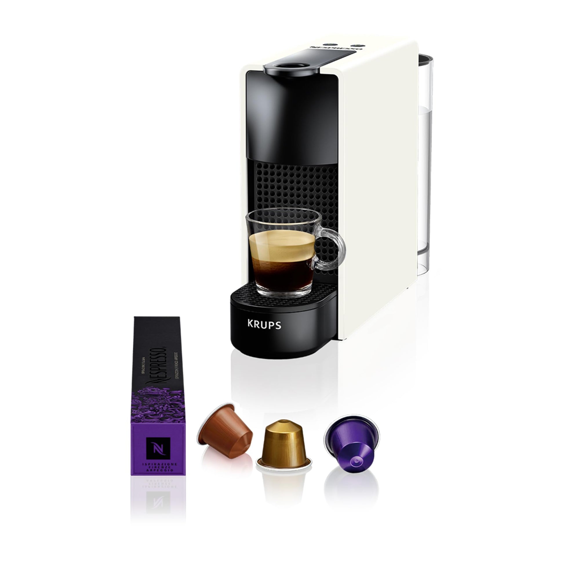 Nespresso Krups XN1101 Essenza Mini Kapselmaschine – Weiss. Kompakte weiße Maschine brüht Nespresso Espresso/Lungo.