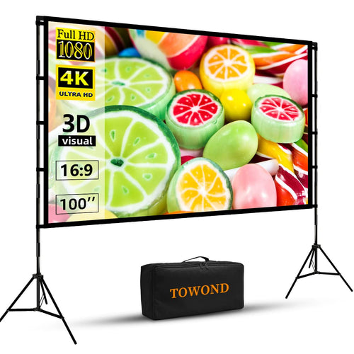 Towond tragbare Beamer Leinwand 100 Zoll 16:9 - Indoor/Outdoor. Weiße, rechteckige Projektionsfläche zur Bildwiedergabe.