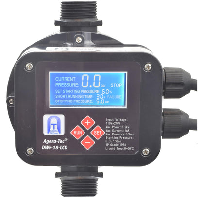 Agora-Tec® Pumpensteuerung DWv-18-LCD – Einstellbar, verkabelt. Kompaktes Gehäuse mit LCD. Regelt Pumpen für Druckerhaltung u. Trockenlaufschutz.