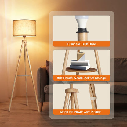 OUTON LED Stativ Stehleuchte Holz Regal - Beige Schirm