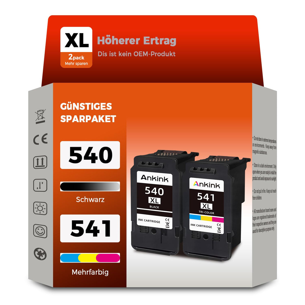ANKINK Tintenpatronen für Canon PG-540XL CL-541XL, Schwarz + Farbe – 2er-Pack für Tintenstrahldrucker