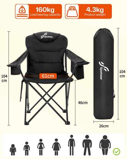 Sportneer Campingstuhl faltbar, Klappstuhl bis 160 kg, schwarz