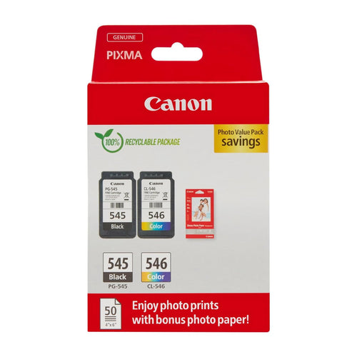 Canon PG-545/CL-546 Original Tintenpatronen 2er-Pack mit Fotopapier, schwarze und farbige Patrone, 50 Blatt