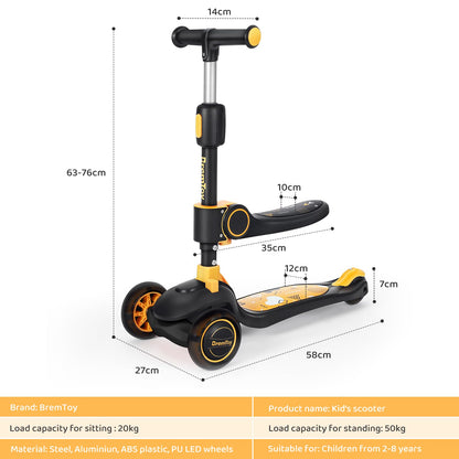 BremToy Kinderroller mit Sitz, höhenverstellbar und faltbar, Gelb
