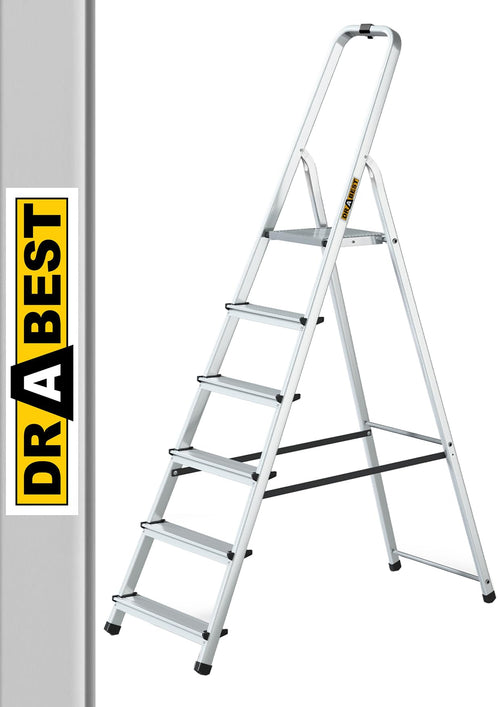 DRABEST Klappbare Alu Trittleiter 6 Stufen - Haushaltsleiter. Silberne, klappbare Leiter mit 6 breiten Stufen für den sicheren Einsatz im Haushalt.