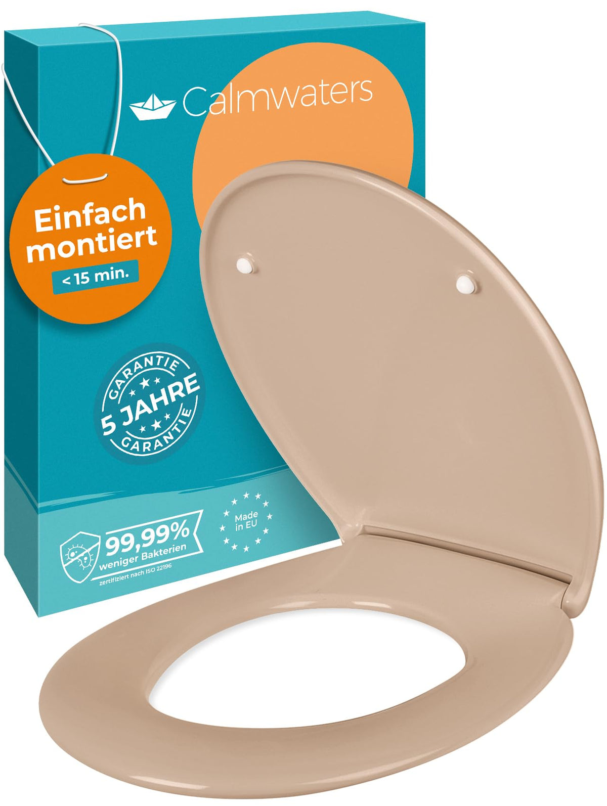Calmwaters Premium WC-Sitz mit Absenkautomatik, antibakteriell, Beige, ovaler Toilettendeckel aus Duroplast