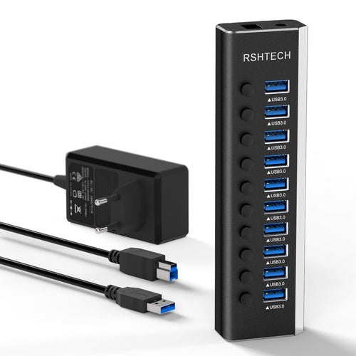 RSHTECH USB 3.0 Hub aktiv 10-Port Aluminium mit 36W Netzteil, RSH-A10 – Einzelschalter, blaue LED