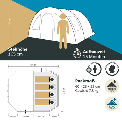 Skandika Kambo Tunnelzelt 4 Personen, Campingzelt mit Schlafkabine