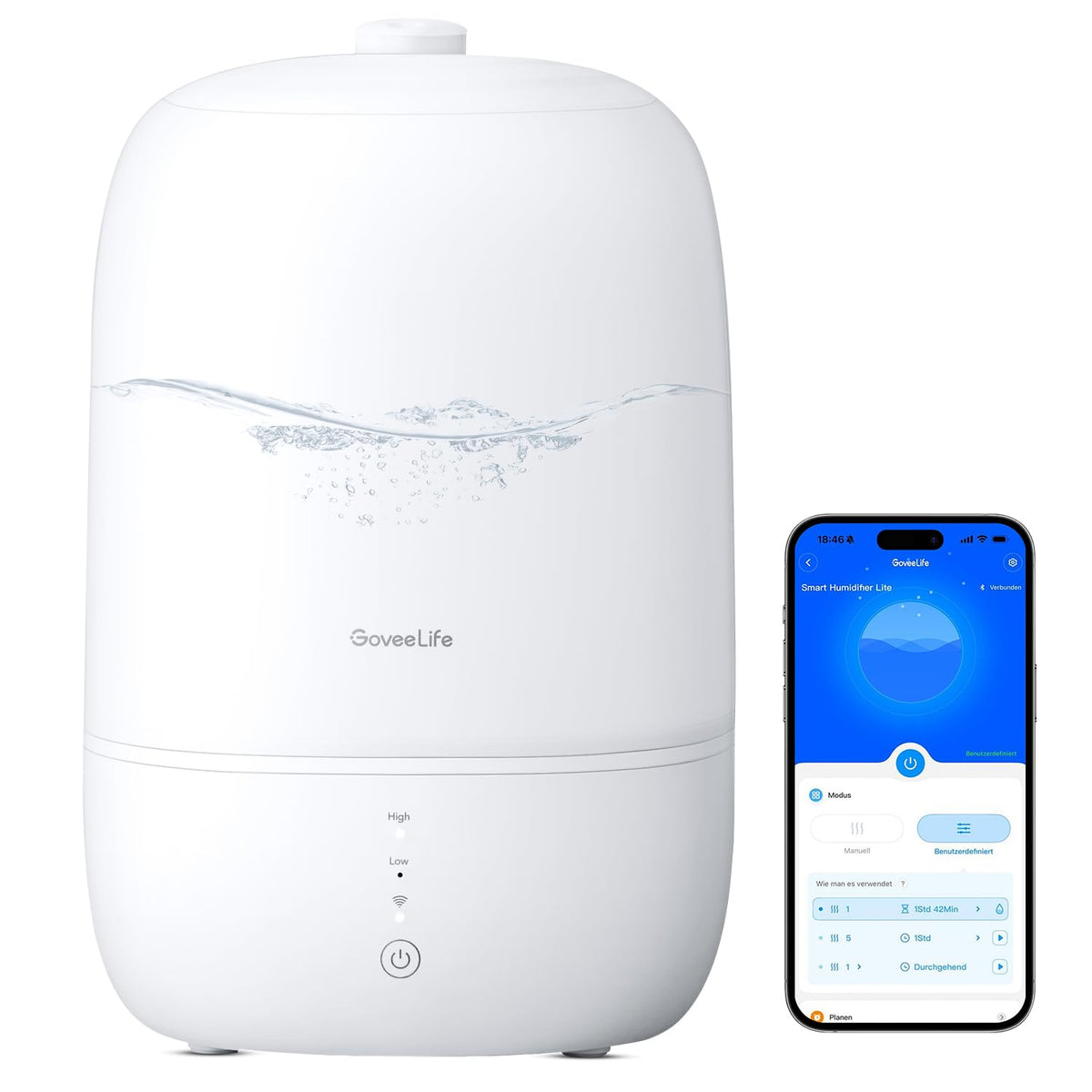 GoveeLife Smart Luftbefeuchter H7140, 3L Ultraschall mit Nachtlicht, Top-Fill-Design, 360°-Düse