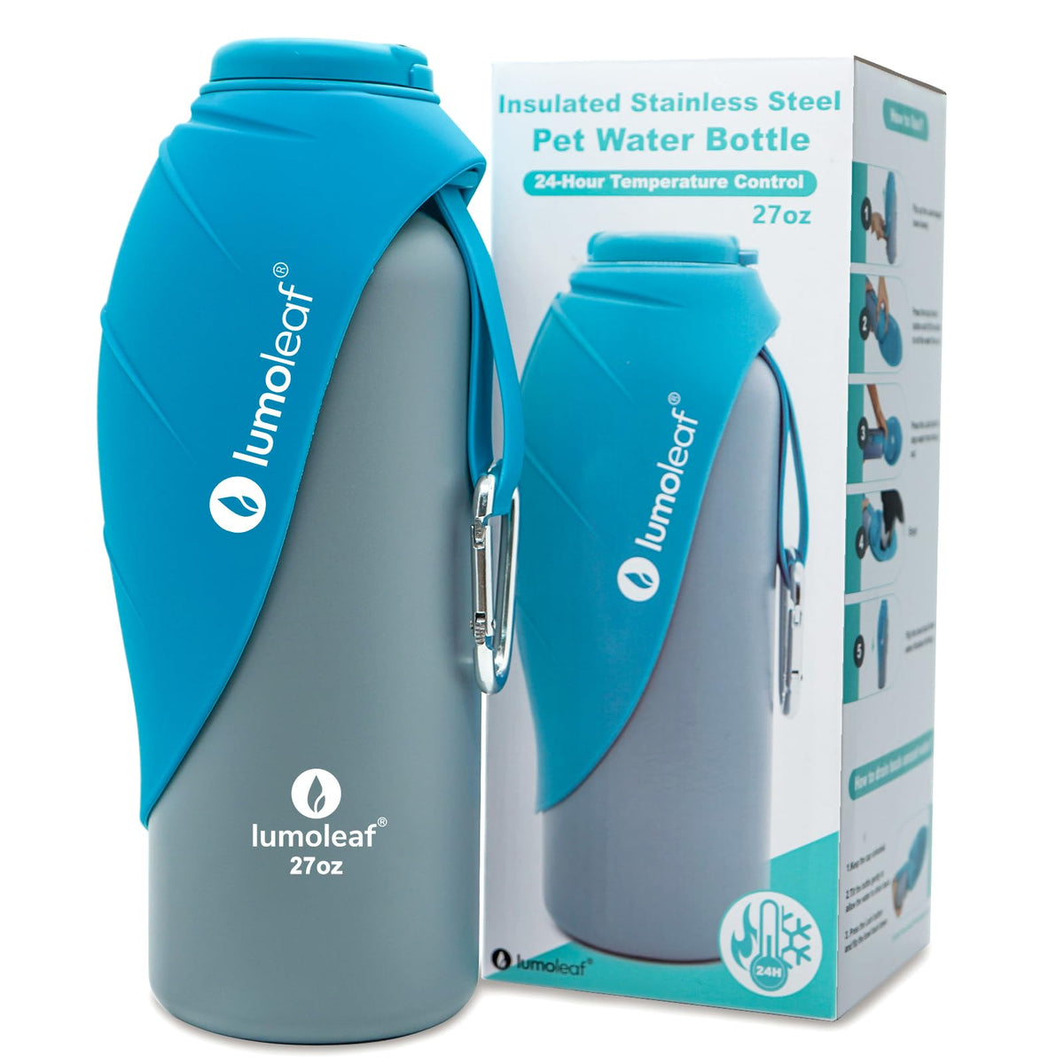 LumoLeaf Isolierte Trinkflasche für Hunde, Edelstahl, 800 ml, Blau, Klappdeckel als Trinkschale
