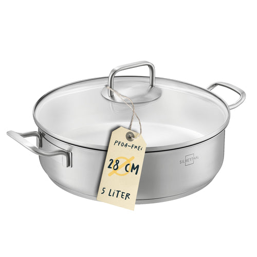 SILBERTHAL Schmorpfanne 28 cm unbeschichtet mit Deckel. Runde, unbeschichtete Edelstahlpfanne zum scharfen Anbraten und Schmoren.