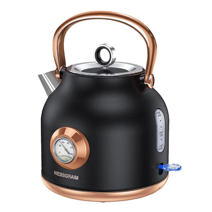 NESSGRAIM Retro-Wasserkocher 1,7 l Edelstahl mit Temperaturanzeige, schwarzes Gehäuse und ergonomischer Griff