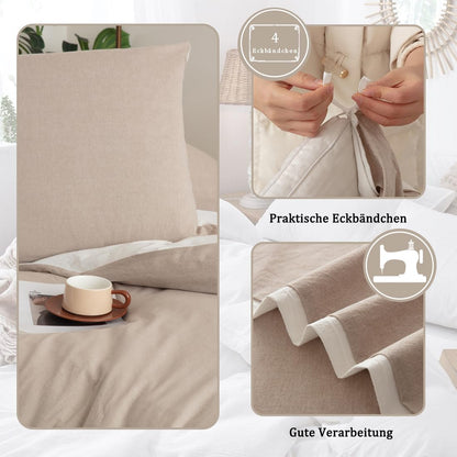 Nesture Bettwäsche-Set 200x200, 3-teilig, Baumwolle, Beige/Weiss