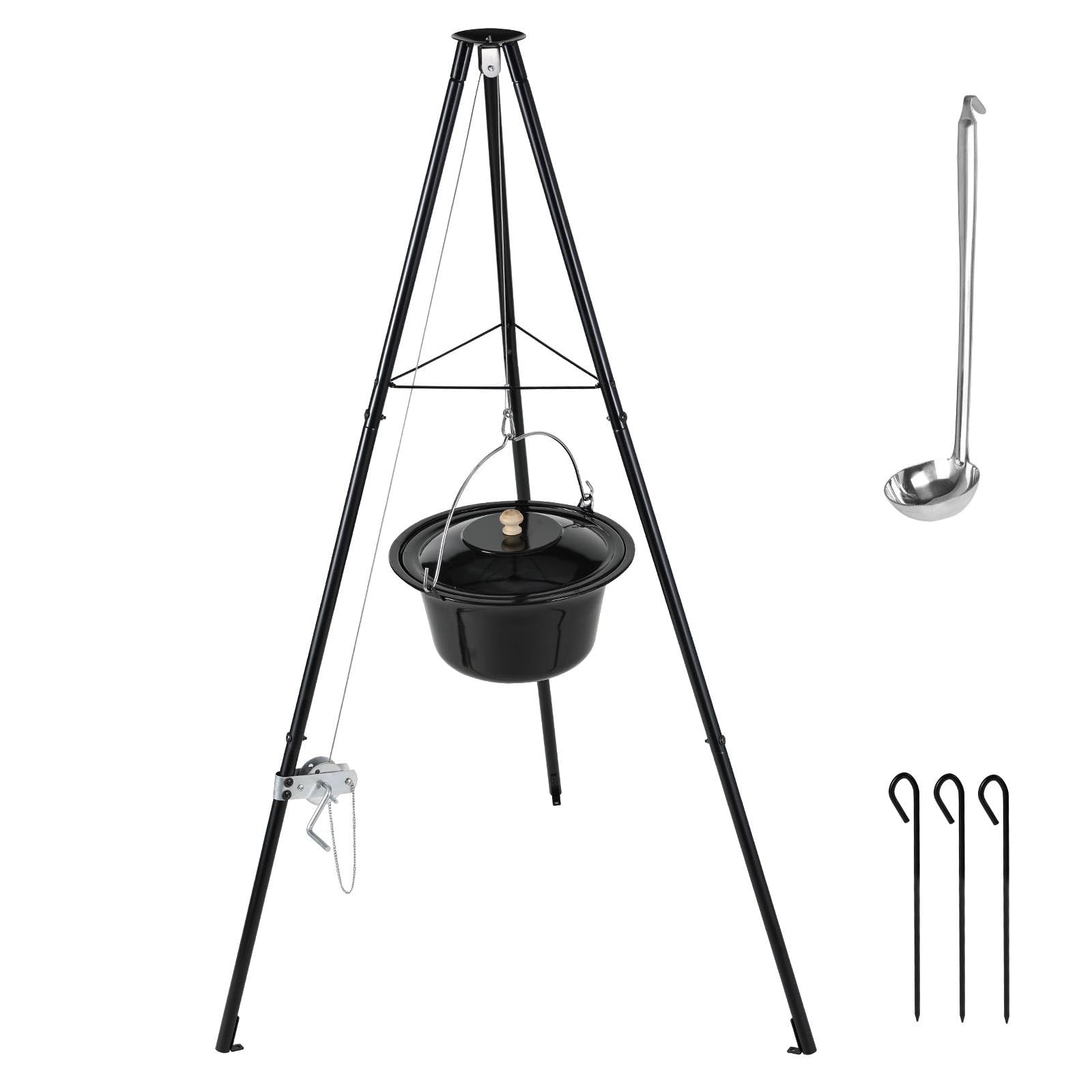 TLSUNNY Gulaschkessel 10L Emaille Set - Dreibein & Löffel. Dunkler, runder Emaille-Kessel (10L), Dreibein und Schöpflöffel. Zum Kochen über offenem Feuer.