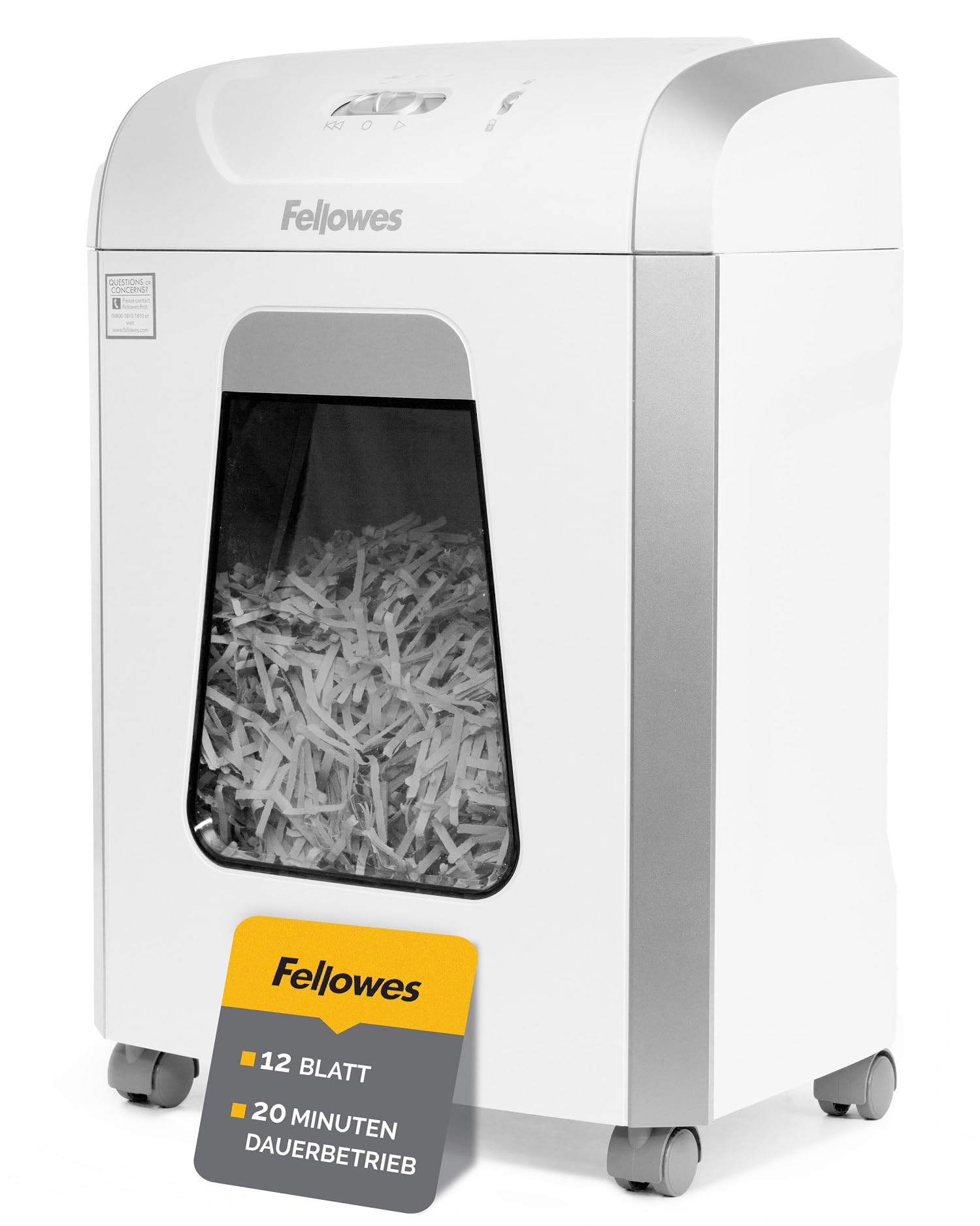 Fellowes Powershred FS-12C Aktenvernichter Partikelschnitt Weiss. Weißer Aktenvernichter vernichtet vertrauliche Dokumente per Partikelschnitt zur sicheren Entsorgung.