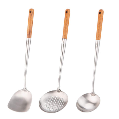 FJNATINH Wok Pfannenwender und Schöpflöffel Set aus 304 Edelstahl mit Birnenholzgriff