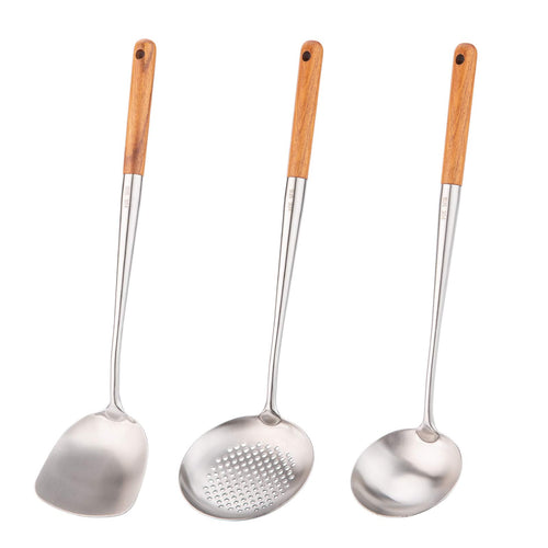 FJNATINH Wok Pfannenwender und Schöpflöffel Set aus 304 Edelstahl mit Birnenholzgriff