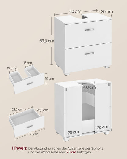 VASAGLE Custos Waschbeckenunterschrank mit 2 Schubladen, wolkenweiss