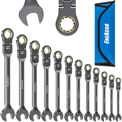 ENEACRO Gelenk-Ratschenschlüssel Set 12-teilig 8-19 mm mit Rolltasche, vernickelter Cr-V-Stahl