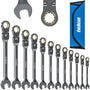 ENEACRO Gelenk-Ratschenschlüssel Set 12-teilig 8-19 mm mit Rolltasche, vernickelter Cr-V-Stahl