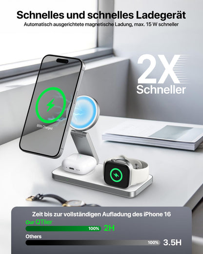 QTlier T8 3-in-1 MagSafe Ladestation für iPhone, Apple Watch, AirPods