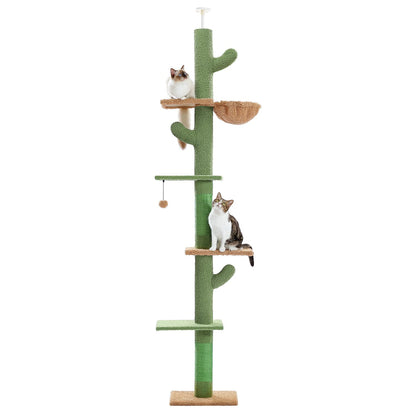 PAWZ Road Kaktus Kratzbaum – Höhenverstellbar 229-275cm, 5 Ebenen. Grüner Kaktusform mit Sisal. Dient Katzen zum Klettern, Kratzen, Ruhen.