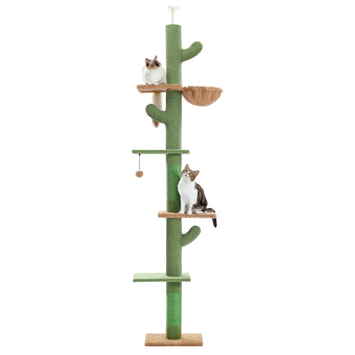 PAWZ Road Kaktus Kratzbaum – Höhenverstellbar 229-275cm, 5 Ebenen. Grüner Kaktusform mit Sisal. Dient Katzen zum Klettern, Kratzen, Ruhen.
