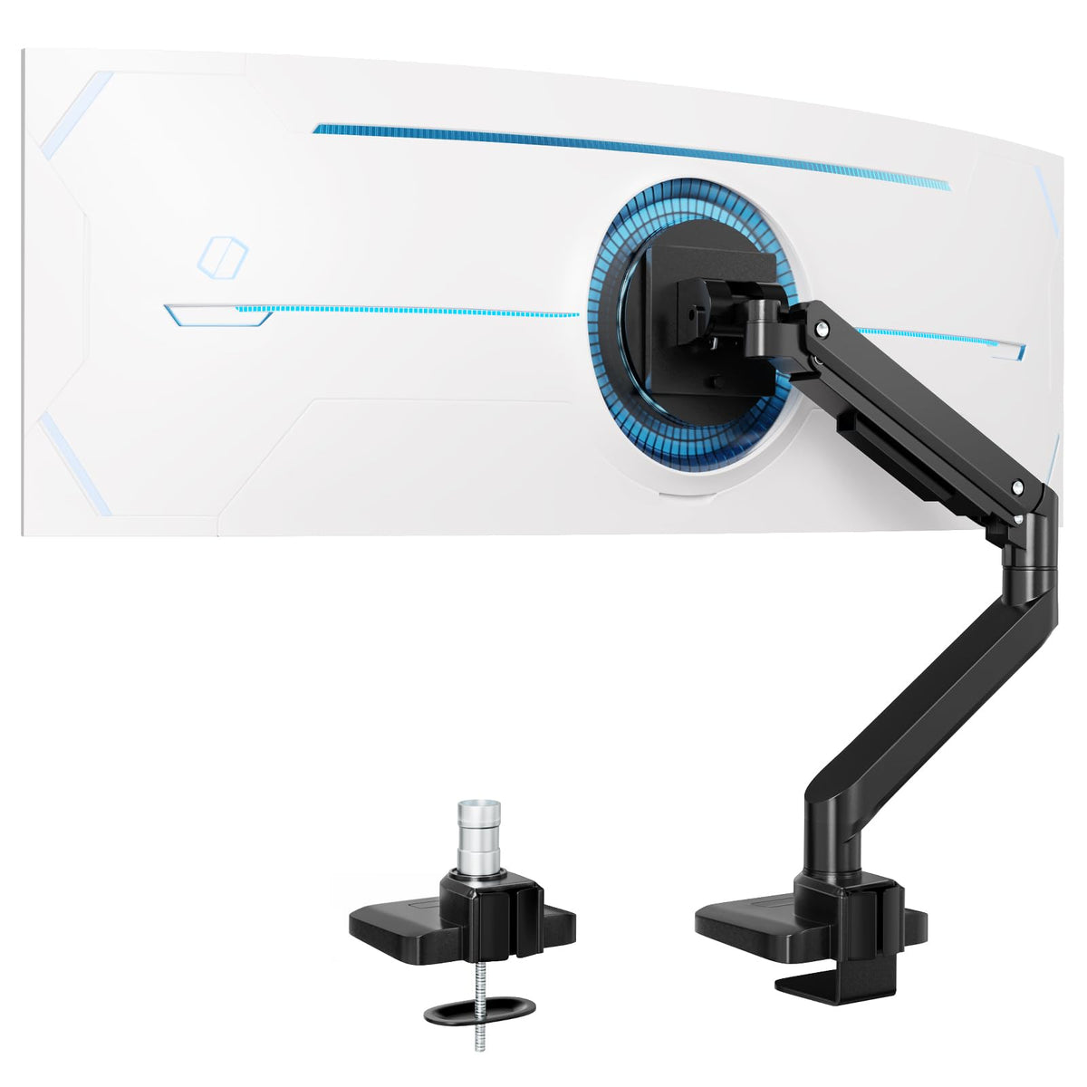 Universal Gasfeder Monitorhalterung 17-49 Zoll Flach/Curved – 1 Bildschirm. Robuster Gelenkarm zur flexiblen, ergonomischen Positionierung eines Monitors.