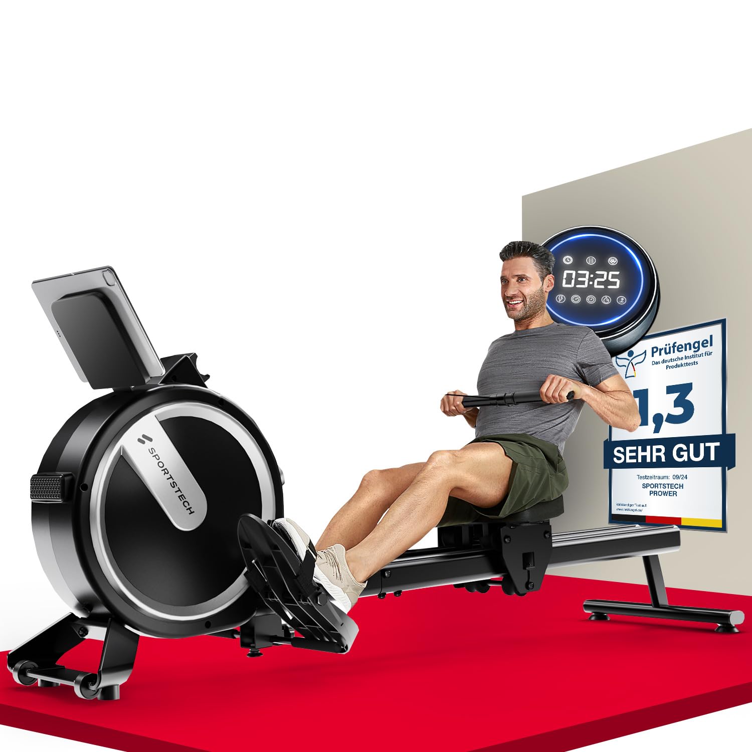 Sportstech PROwer Rudergerät – 32 Stufen Magnetwiderstand. Langes, schwarzes Sportgerät für effektives Ganzkörpertraining durch Ruderbewegung.