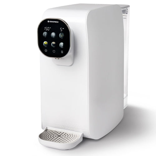 OsmoFresh Quella Pro Auftisch Osmoseanlage Heisswasser - White. Kompakte, weiße Auftisch-Anlage reinigt Wasser via Umkehrosmose; spendet Heißwasser.