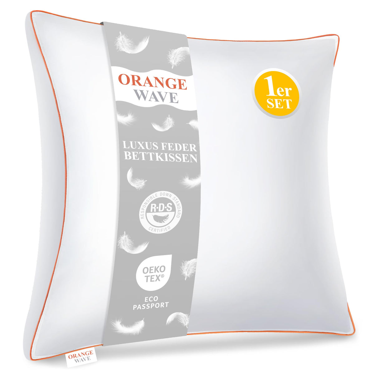 Orange Wave Daunenkissen Kopfkissen - 80x80cm Daunen/Federn. Quadratisches Kissen zur optimalen Kopfunterstützung beim Schlafen.