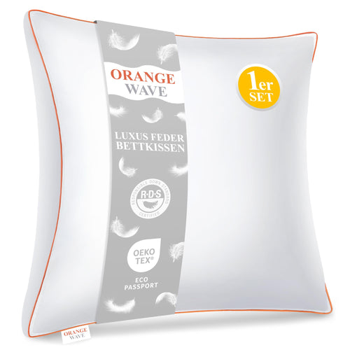 Orange Wave Daunenkissen Kopfkissen - 80x80cm Daunen/Federn. Quadratisches Kissen zur optimalen Kopfunterstützung beim Schlafen.