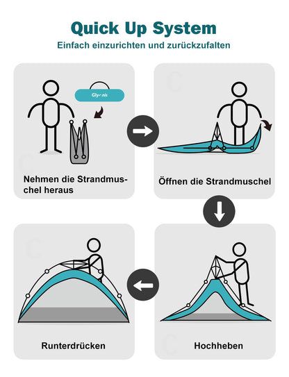 Glymnis Quick Up Strandzelt mit UV-Schutz 50+, blau, für 4-6 Personen