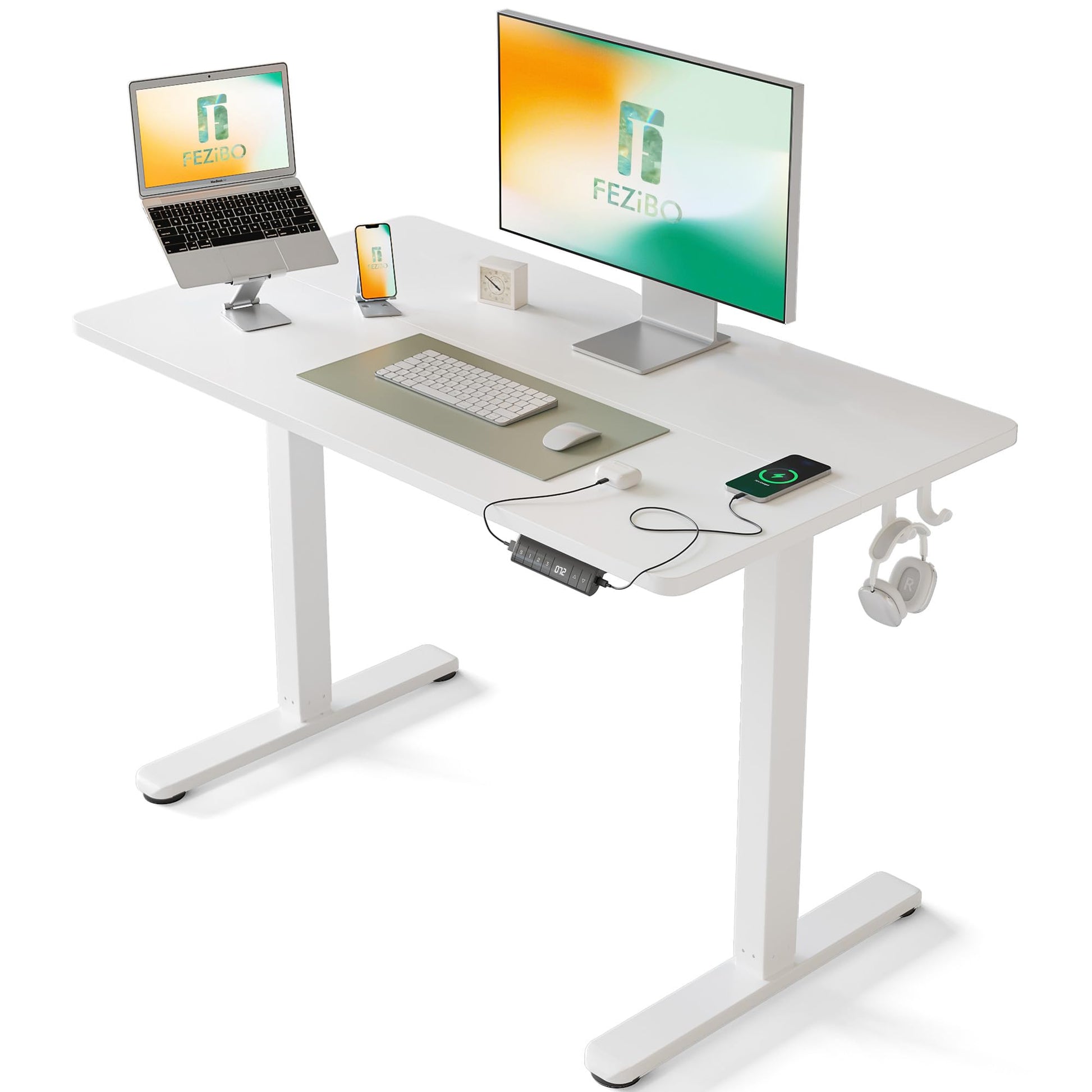 FEZIBO Schreibtisch Höhenverstellbar Elektrisch - USB-C 100x60 Weiss. Rechteckiger weißer Schreibtisch (100x60) mit USB-C-Ladefunktion.