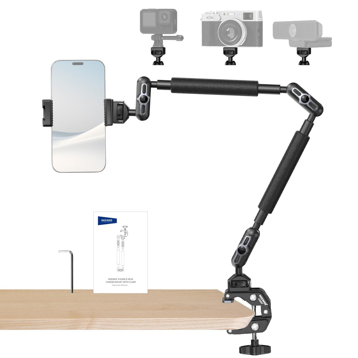 NEEWER Magic Arm UA057, 55 cm Halterung für Kamera und Smartphone aus Aluminium mit Tischklemme